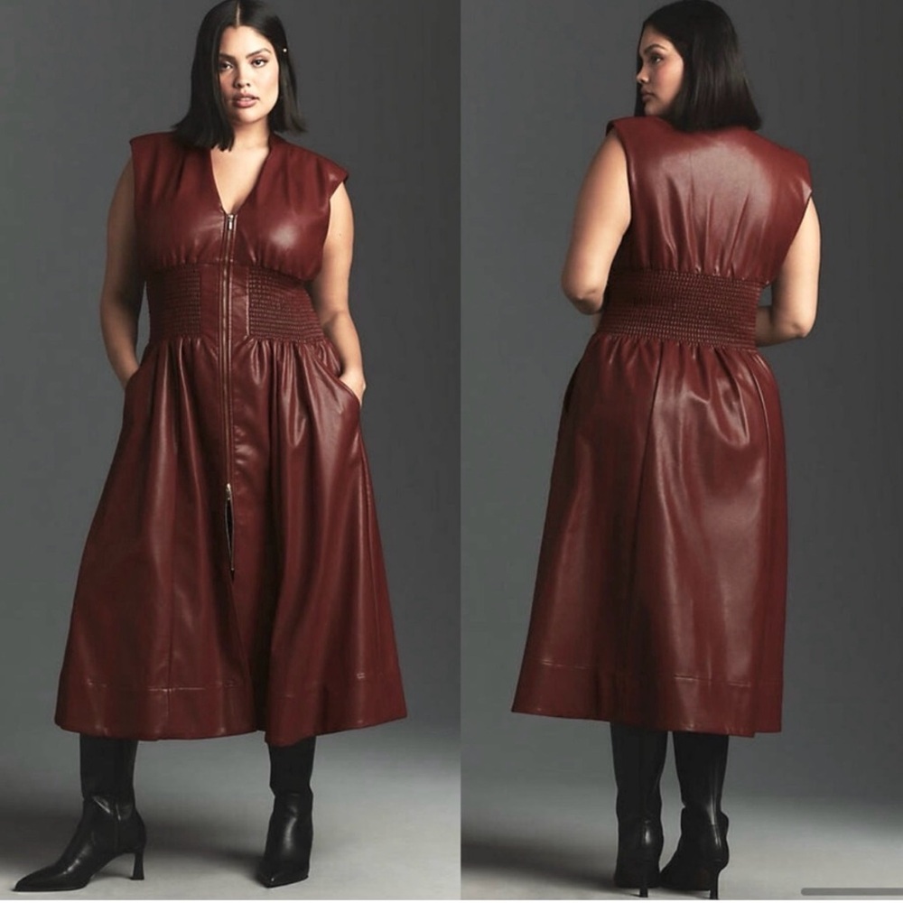 Anthropologie | Tommie Faux Leather Deep V-Neck Zip Up Midi Dress, XL